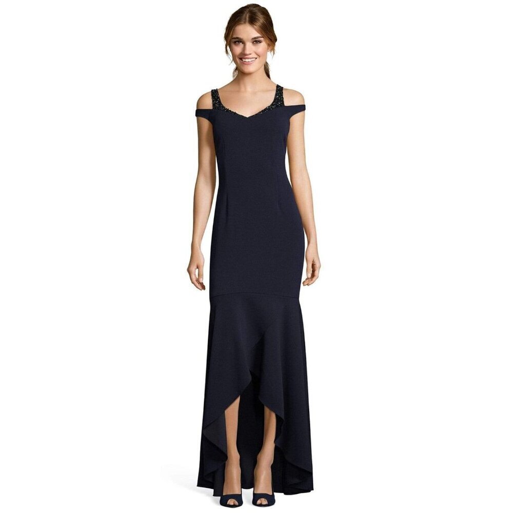NEW Adrianna Papell Long Crepe Dress Formal Size 14 Black V-Neck High Low Prom